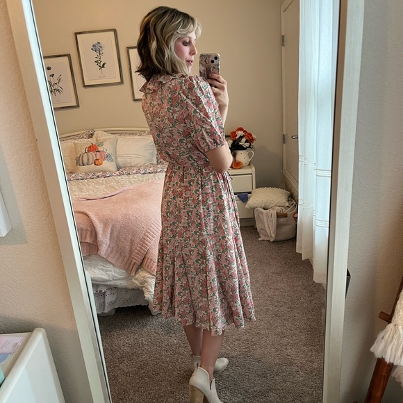 Pink Floral Ruffle Trim Wrap Midi Dress - Picture 5 of 8